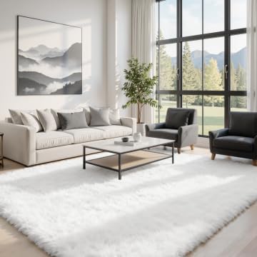 5x8 Fluffy Shag Area Rugs for Living Room Bedroom: Soft Plush Carpet White - Image 2