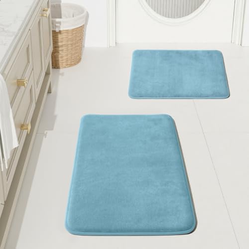 HUXMEYSON Bathroom Rugs Sets 2 Piece, Non-Slip & Quick Dry Bath Mat Set, Ultra Soft Velvet Bath Rugs for Bathroom, Toilet and Shower Floor, Lake Blue by HUXMEYSON
