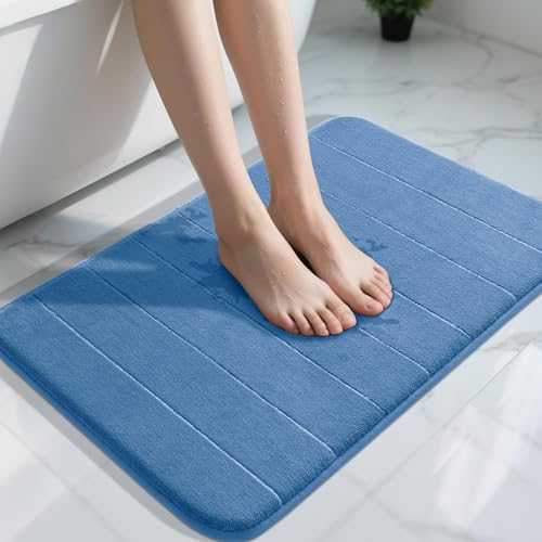 Yimobra Memory Foam Bath Mat, Super Soft Absorbent Bathroom Rug Non Slip 31.5x20 Inch, Quick Dry, Machine Washable Floor Carpet for Tub Shower, Home Decor Accessories, Blue by Yimobra