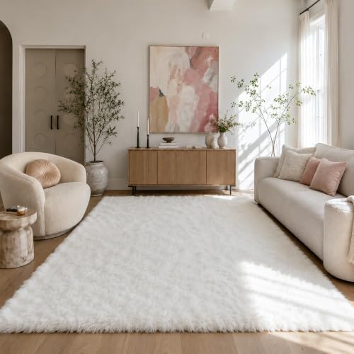 Cream White Fluffy Area Rug 5x8 Ft, Washable for Living Room - Image 3