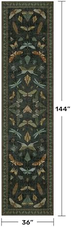 3x12 Long Hallway Runner Rug Non Slip - Washable Front Door Runner Indoor Entrance, Boho Nature Insect Stain Resistant Kitchen Carpet, Low Pile & Soft Indoor Décor (Dark Green) - Image 2