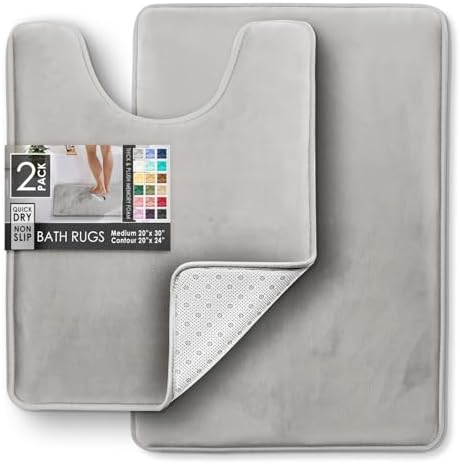 Clara Clark 2 Piece Bathroom Rugs, Velvet Memory Foam Bath Mat Set, Non-Slip Bath Rugs, Machine Wash, Dries Quickly, Ultra Soft Plush Bath Mats for Bathroom, 20 x 32 + Contour, Silver - Image 3