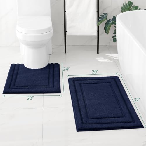 HOMEIDEAS Bathroom Rugs Sets 2 Piece, Super Soft and Absorbent Non Slip Microfiber U-Shaped Toilet Bath Mat Set (20"x32"+U20 x24, Navy Blue) - Image 2