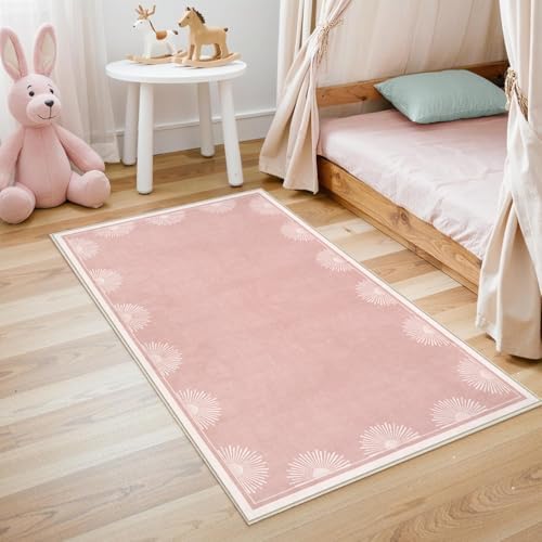 Hedlive Modern 3x5 Pink Rugs for Bedroom Girls,Ultra Thin Nursery Rug for Girls Room, Sun Printed Non Slip Washable Area Rug,Soft Non Shedding Throw Carpet for Playroom Classroom(3'x5',Pink) by Hedlive