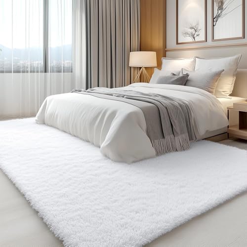 OLANLY 6x6 Area Rugs for Living Room Bedroom, Machine Washable Soft Fluffy Shaggy Bedside Rug, Indoor Floor Carpet for Kids Girls and Boys, Dorms, Nursery Rooms, Home Decor Aesthetic, White by OLANLY