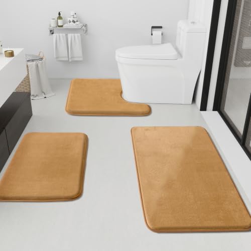 HUXMEYSON Bathroom Rugs Sets 3 Piece, Non-Slip & Quick Dry Bath Mat Set, Ultra Soft Velvet Bath Rugs for Bathroom, Toilet and Shower Floor, Khaki by HUXMEYSON