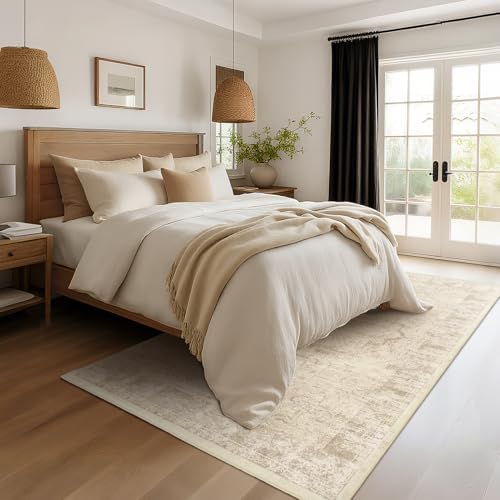 Neutral Beige Area Rugs 5x8, Non Slip Washable Rug for Living Room Bedroom, Medallion Distressed Printed Low Pile Thin Carpet Rugs for Dining Room/Kitchen/Home Office - Image 3