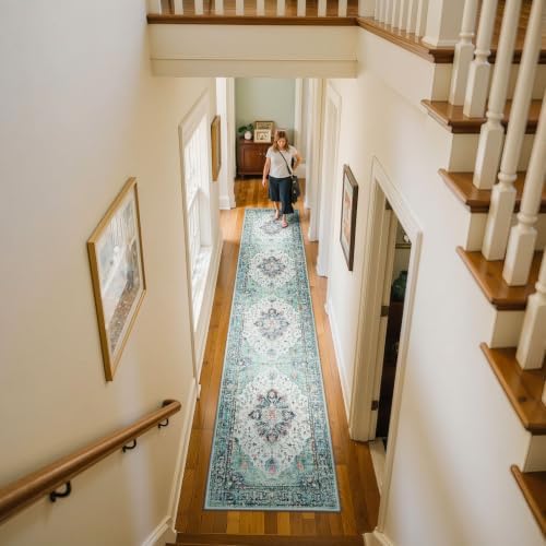RELEANY Washable Area Rug, Runner 2'6"x14', Teal Green/White/Navy - Image 3