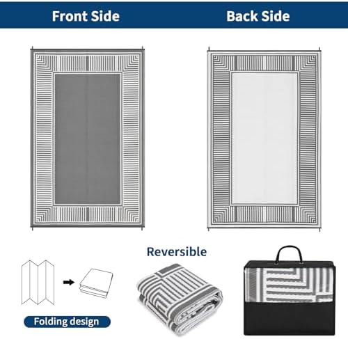 GAOMON Large Outdoor Camping Rug 9x18 Modern Bordered Reversible Outdoor Carpet, Foldable Retro Plastic Straw Rug, Portable Outside Patio Rugs Floor Mat for Porch, Beach, Balcony, Backyard,Border-Grey - Image 4