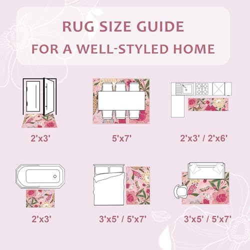 Tyrot Pink Boho Floral Living Room Rug, 5x7 Rug Washable Botanical Butterfly Area Rugs Flat Woven Ultra-Thin Non Slip Low Pile Carpet for Bedroom, Dining Room, Office, Kids Room - Image 6