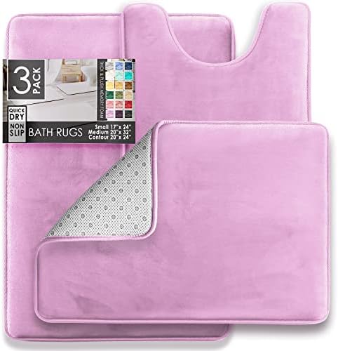 Clara Clark 3 Piece Bathroom Rugs Bath Mat Set, Velvet Memory Foam Bath Mats for Bathroom - Non-Slip, PVC Backing Bath Rugs, Washable - Dries Quickly, Lavender - Image 2