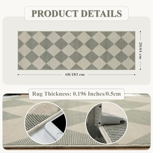 Beeiva Checkered Print Hallway Runner Rug Non Slip, Ultra Thin Washable Kitchen Runner Rug 2x6, Moroccan Neutral Green Soft Floor Carpet for Bedroom Laundry Room, Minimalist Diamond Hallway Decor - Image 2