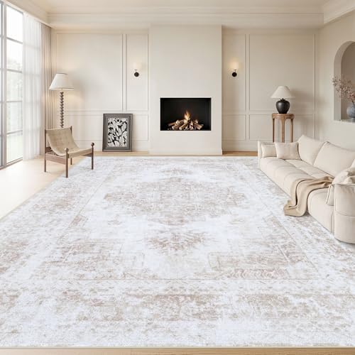 XLUEZ Area Rug 10x14 Living Room Rug, Machine Washable Vintage Distressed Medallion Rug Non-Slip Soft Low Pile Large Indoor Rugs for Bedroom Kitchen Dining Room Office(Beige,10'x14') by XLUEZ