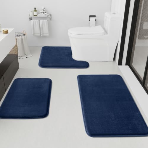 HUXMEYSON Bathroom Rugs Sets 3 Piece, Non-Slip & Quick Dry Bath Mat Set, Ultra Soft Velvet Bath Rugs for Bathroom, Toilet and Shower Floor, Navy by HUXMEYSON