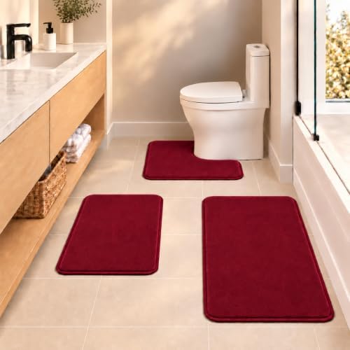 RUN HELIX Bathroom Rugs Sets 3 Piece, Soft Absorbent Memory Foam Bath Mats Set, Dry Fast Bath Mat, Machine Washable Bath Rug Set for Bathroom （Maroon） by RUNHELIX