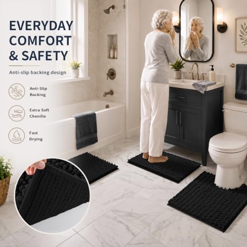 Yimobra Black Bathroom Rug Set 3 Piece, Super Water Absorbent Bath Mat Set - Image 5