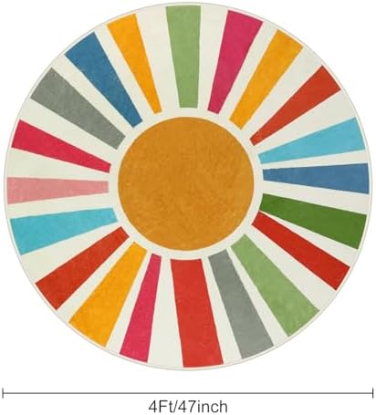 STARUIA Small Round Rug 4 Ft Washable Round Rug for Kids Room, Colorful Sun Circle Rug for Playroom, Non-Slip Circular Office Carpet Soft Rainbow Rug for Bedroom Reading Corner Dorm - Image 2