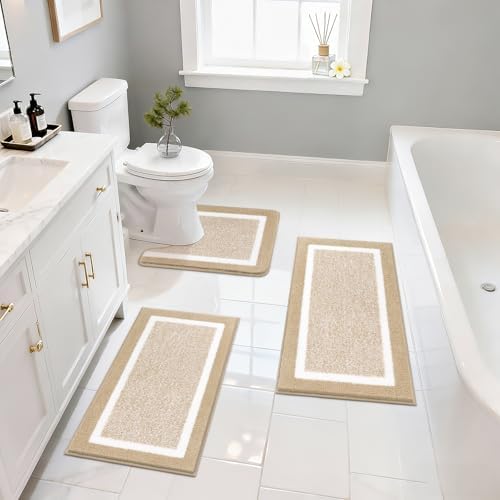 Pauwer 3 Piece Bathroom Rug Set, Non Slip Washable Bath Mat, Beige by Pauwer