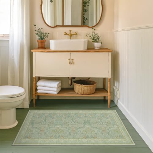 2x4 Small Green Kitchen Rugs Non Slip, Floral & Botanical Shabby Chic Washable Low Pile Area Rug for Bedroom, Bathroom, Mudroom, Powder Room by Evyhood