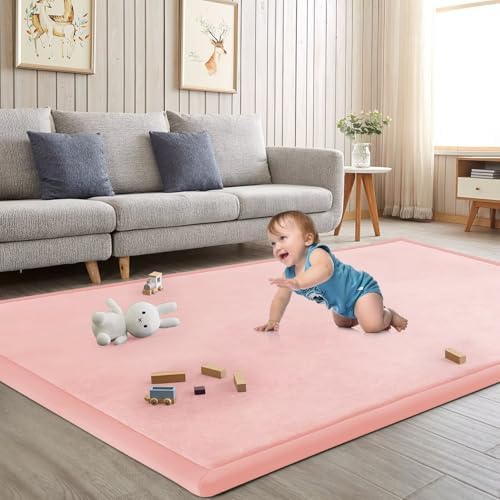 Baby Play Mat for Floor Nursery Rug Muscle Mat Area Rug Playroom Rug 79"x110" Playpen Mat Elastic Foam 1.3" Thick Crawling Mat for Babies,Toddlers, Infants, Kids,Light Pink by ILPEOD