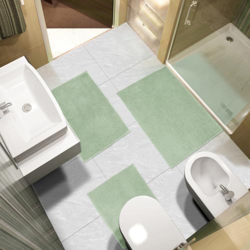 Urvoix Bathroom Rugs Sets 3 Piece, Chenille Bath Mat Set, Light Sage - Image 2