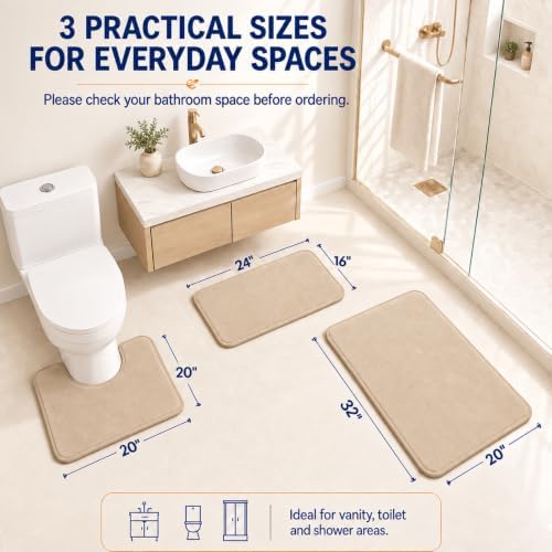 Beige Bath Mat Sets Extra Soft Memory Foam Bathroom Rugs 3 Piece Non Slip Absorbent & Dry Living Mat Sets Washable Bath Carpets with Toilet Rug,Bath Rugs for Bathroom,Tub,Shower,Kitchen,Bedroom - Image 2