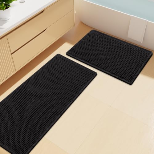 Smiry Waffle Bathroom Rugs Sets 2 Piece (47x20+30x20, Black) by Smiry