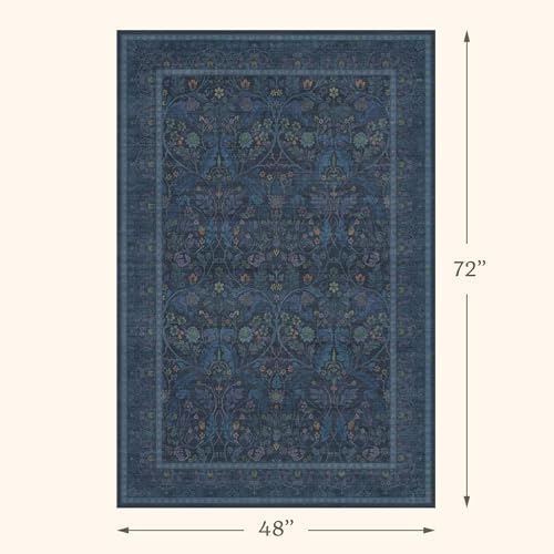 4x6 Washable Kitchen Rugs - Navy Blue Large Entryway Rugs Indoor, Non Slip Area Rug for Mudroom, Bedroom, Low Pile Stain Resistant Flower Victorian Carpet (Dark Blue) - Image 2