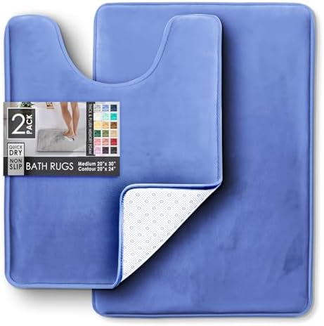 Clara Clark 2 Piece Bathroom Rugs, Velvet Memory Foam Bath Mat Set, Non-Slip Bath Rugs, Machine Wash, Dries Quickly, Ultra Soft Plush Bath Mats for Bathroom, 20 x 32 + Contour, Calm Blue - Image 3