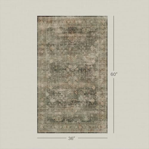 Vintage Moss Green 3x5 Area Rug for Entryway, Kitchen, Bedroom & Laundry Room, Dark Academia Distressed Geometric Carpet, Washable, Low Pile Anti-Slip Backing, Stain & Fade Resistant - Image 2