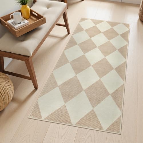 Beeiva Checkered Print Washable Runners for Hallways 2x4, Ultra Thin Beige Small Rugs for Entryway Low Pile Non Slip Bathroom Rug, Modern Geometric Decor Neutral Throw Rug for Kitchen Laundry Bedroom by Beeiva