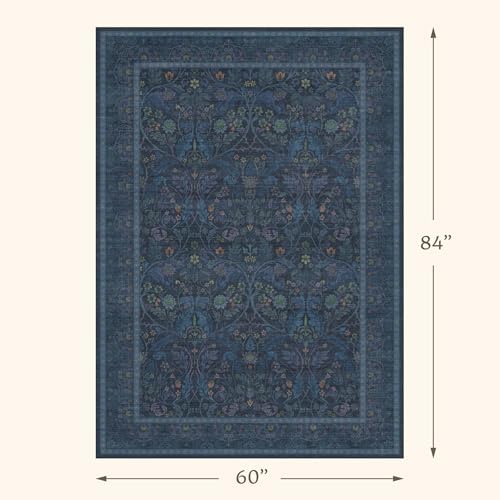 Washable Dark Blue 5x7 Living Room Area Rug - Small Dining Room Rugs for Under Table, Non Skid & Low Pile Bedroom Carpet, Thin Nature Botanical Pattern Mats (Navy Blue) - Image 2