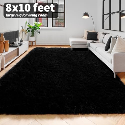 Amdrebio Black Furry Large Area Rug 8x10 for Living Room Men Bedroom Carpet - Image 6