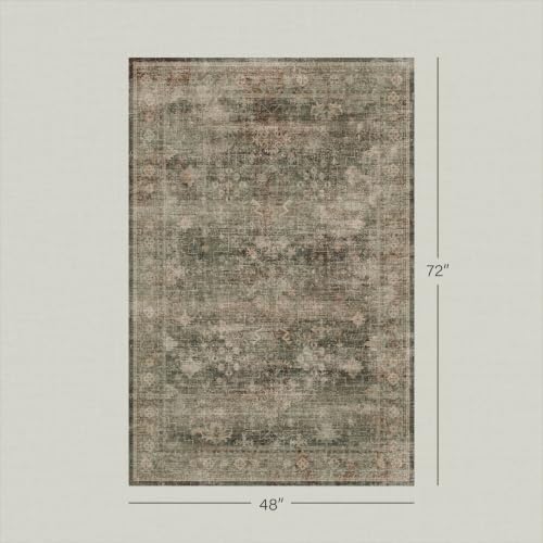 Vintage Moss Green 4x6 Area Rug for Entryway & Home Office, Washable Boho Dark Academia Distressed Geometric Floral Rug for Living Room, Non-Slip Low Pile Stain Resistant - Image 2