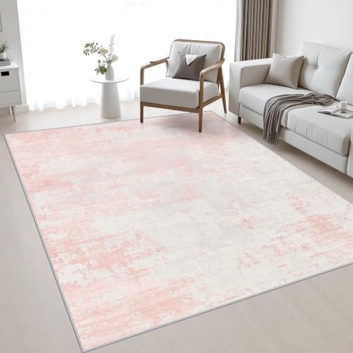 Area Rug Living Room: 4x6 Modern Washable Soft Carpet Pink White by FXRHLP
