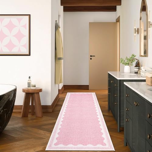 GarveeHome 2x10 Runner Rug for Hallway Washable Kitchen Rugs Non Slip Solid Pink Modern Minimalism Soft Low-Pile Scalloped Indoor Carpet for Entryway Laundry Room Floor Mats - Image 4