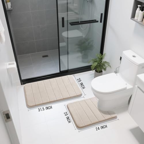 Yimobra Memory Foam Bathroom Mat Set, 31.5 x 20 & 24 x 20 in, Beige - Image 2