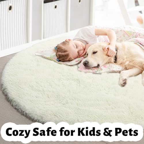 Amdrebio Cream Ivory White Small Round Fluffy Rug 3Ft for Bedroom Kids Room - Image 4