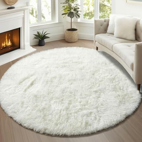 ONASAR Cream White Round Rugs 5ft for Bedroom Living Room, Ivory Fluffy Circle Area Rug for Kids Girls Boys Teen, Soft Plush Shaggy Carpet for Nursery Dorm Classroom Playroom Home Decor Aesthetic by ONASAR