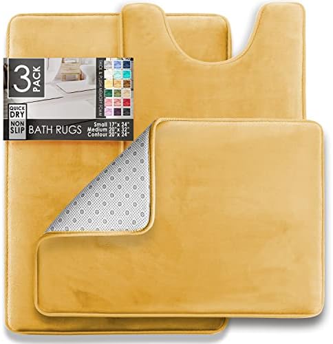 Clara Clark Bathroom Rug Set, 3 Piece Velvet Memory Foam Bath Mats with Non-Slip PVC Backing, Gold - Image 3
