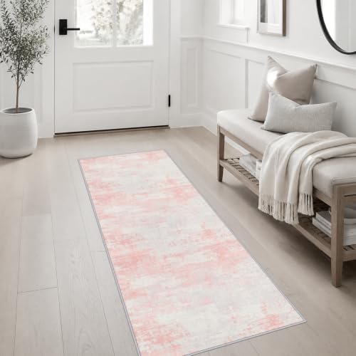 2x5 Washable Runner Rug：Modern Abstract Soft Carpet Pink White - Image 3