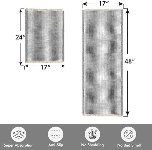 MIULEE Set of 2 Waffle Bathroom Rugs LightGrey&Cream 17"x24"+17"x48" - Image 2