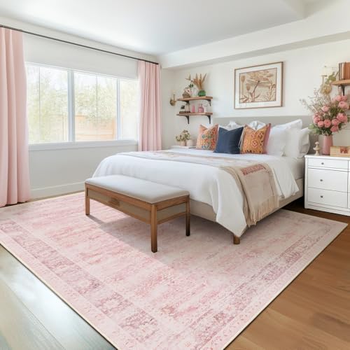 Large Pink Living Room Rug 9x12, Aesthetic Distressed Area Rugs for Bedroom Girls Playroom, Washable Non Slip Nursery Rug Stain Resistant, Low Pile Thin Carpet Rug for Dining Room Home Office - Image 3