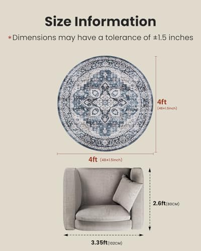 Amada Round 4x4 Washable Area Rug for Living Room, Blue, Vintage Style - Image 2