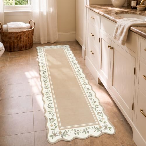 Lahome Kitchen Runner Rug 2x6, Beige Scalloped Floral Rug - Image 3