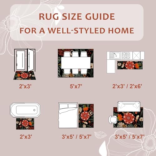 Tyrot Vintage Boho Floral 3x5 Washable Area Rug Flat Woven Ultra-Thin Low-Pile Botanical Rugs Non-Slip Indoor Rug for Bedroom, Entryway, Kitchen, Dorm, Kids Room, Nursery, Black Red - Image 6