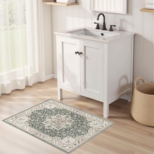 Vintage Entryway Area Rug 2x3 - Large Soft Washable Oriental Traditional Distressed Farmhouse Rugs for Bedroom - Indoor Floor Accent Carpet for Home Office House Decor - Vintage Green - Image 3