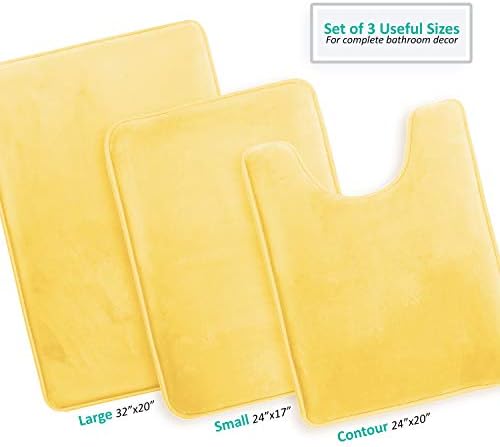 Clara Clark 3 Piece Bathroom Rugs Bath Mat Set, Velvet Memory Foam Bath Mats for Bathroom - Non-Slip, PVC Backing Bath Rugs, Washable - Dries Quickly, Yellow - Image 3