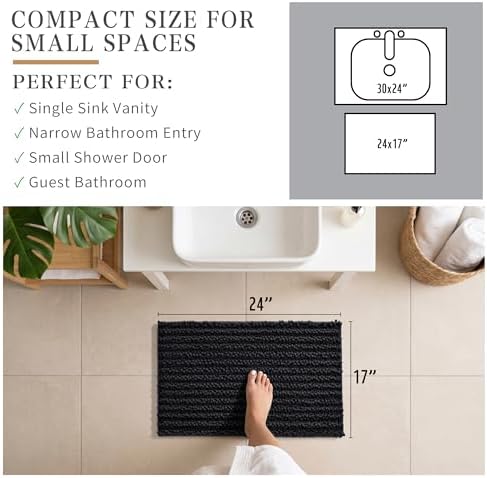Yimobra Bathroom Rugs Non Slip Washable - Ultra Soft Absorbent Chenille Bath Mat, Quick Dry Shaggy Floor Carpet for Tub Shower, Black Home Decor Accessories, 24x17 Inch - Image 3