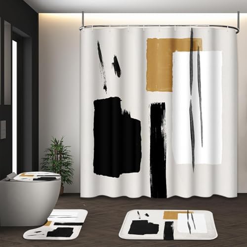 Bathroom Sets with Shower Curtain and Rugs, Boho Set of 4 Geometric by Tayney